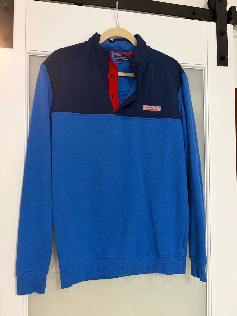 Vineyard Vines Blue and Navy Colorblock Quarter-Snap Sweater with Red Placket